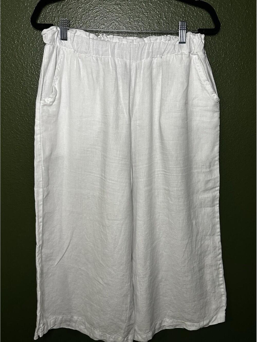 Pure Match White Linen Wide Leg Cropped Pants Size L Elastic Waist Pull On
